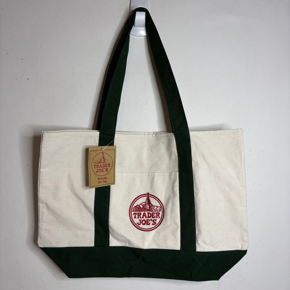 Lot 2x Trader Joe’s Canvas Tote Bag Green Red Grocery Shopping Eco Reusable NWT! - Picture 3 of 7